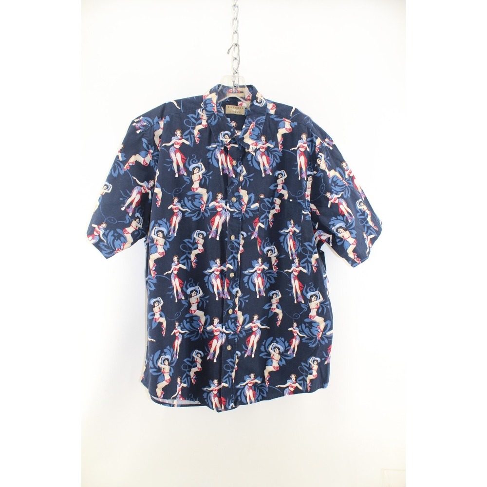 Natural Issue L Hawaiian Shirt Navy Pinup girl Hula Beach Paradise Short Sleeves